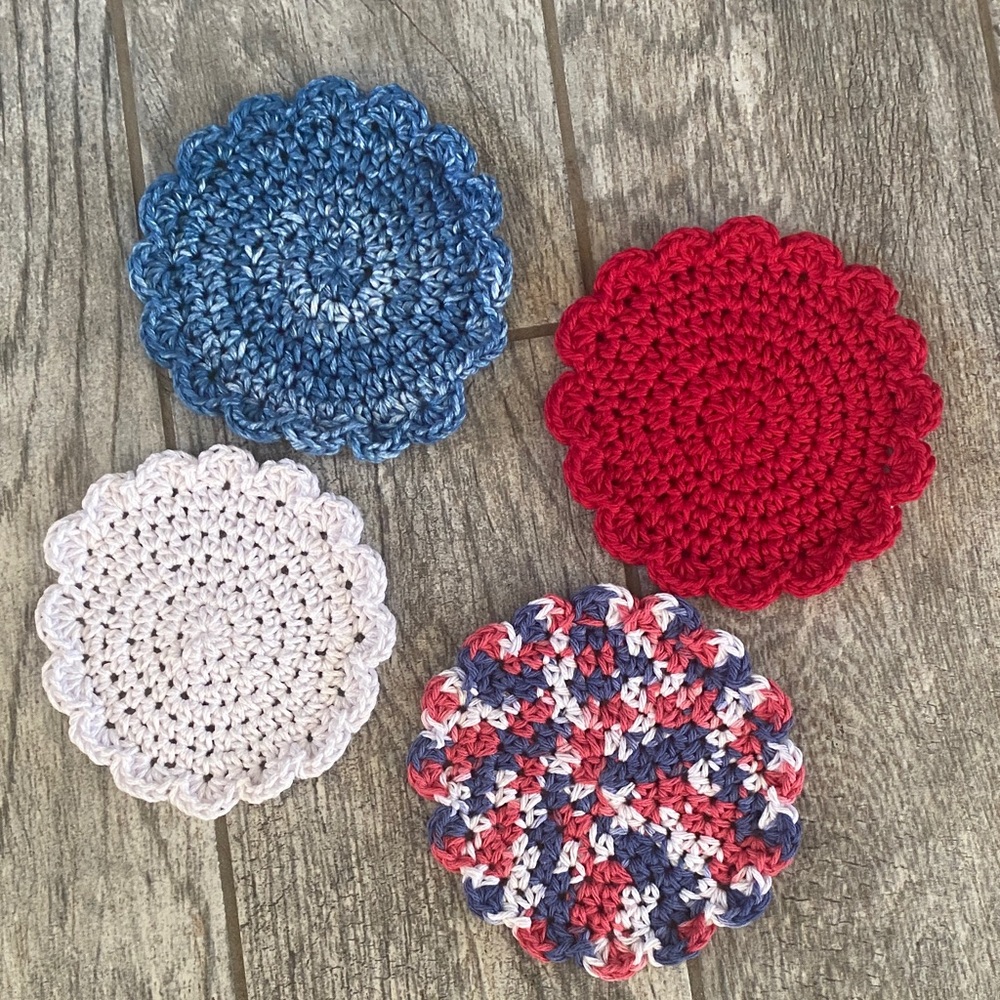 Handmade Crochet Round Coasters - Set of 4 in Blue, Red, White & Multicolor - Picture 1 of 1